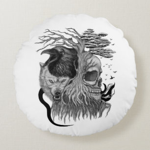 Wolf and Raven with Skull Round Pillow