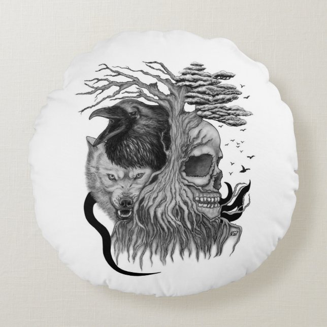 Wolf and Raven with Skull Round Pillow (Front)