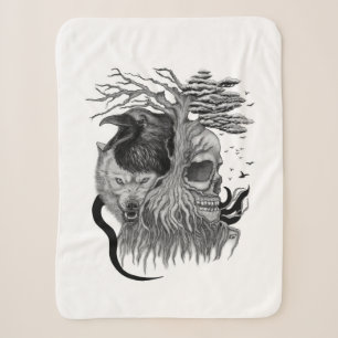 Wolf and Raven with Skull Sherpa Blanket