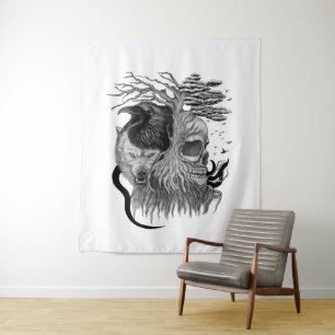 Wolf and Raven with Skull Tapestry