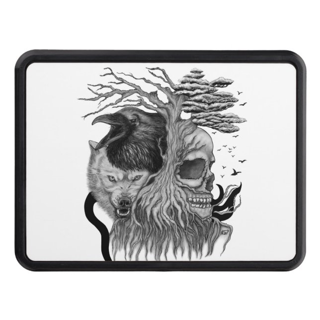 Wolf and Raven with Skull Trailer Hitch Cover (Front)