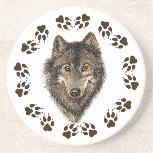 Wolf and Tracks Watercolor Animal Coaster