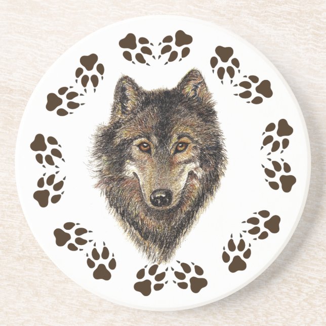 Wolf and Tracks Watercolor  Animal Coaster (Front)