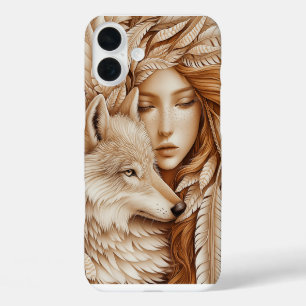 Wolf and Woman in Feathers iPhone 16 Plus Case