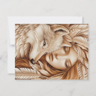 Wolf and Woman in Feathers Postcard