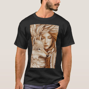 Wolf and Woman in Feathers T-Shirt