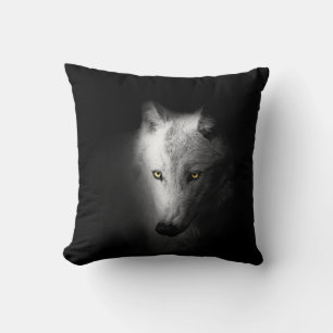 Wolf, animal portrait on black background, throw pillow
