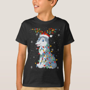 Wolf Animal Santa Hat Ugly Christmas Tree Lights  T-Shirt