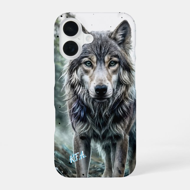 Wolf - Animal w/ Initials iPhone 16 Case (Back)