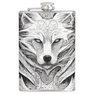 Wolf Animal Wild Nature Illustration Line Epic Art Hip Flask
