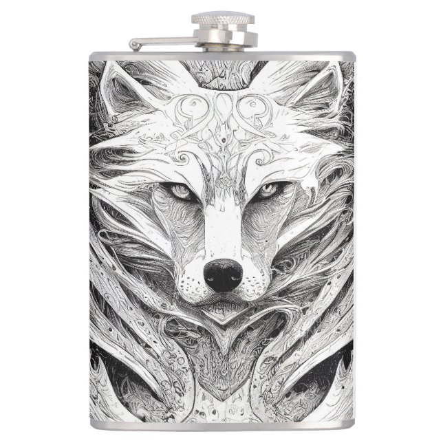 Wolf Animal Wild Nature Illustration Line Epic Art Hip Flask (Front)