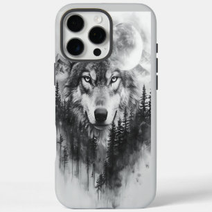 Wolf appears from misty forest at night iPhone 16 pro max case