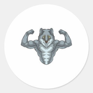 Wolf as Bodybuilder with big Muscles Classic Round Sticker