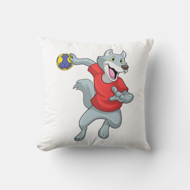 Wolf as Handball player with Handball Throw Pillow (Front)