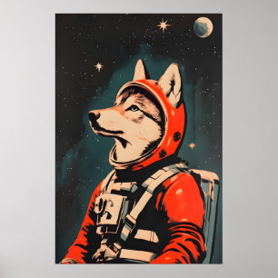 Wolf Astronaut Poster, Wolf Retro Print, Wolf Poster