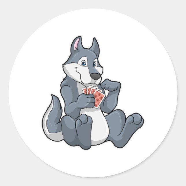 Wolf at Poker with Poker cards Classic Round Sticker (Front)