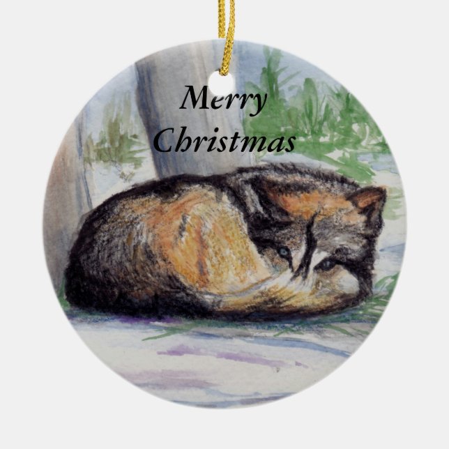 Wolf At Rest Merry Christmas Ornament (Front)