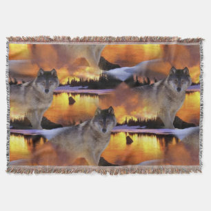 Wolf at Sunset Pattern Throw Blanket