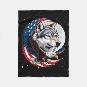 Wolf Bald Eagle American Flag Full Moon New Years  Fleece Blanket
