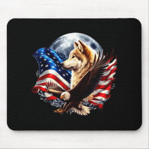 Wolf Bald Eagle American Flag Full Moon New Years Mouse Pad