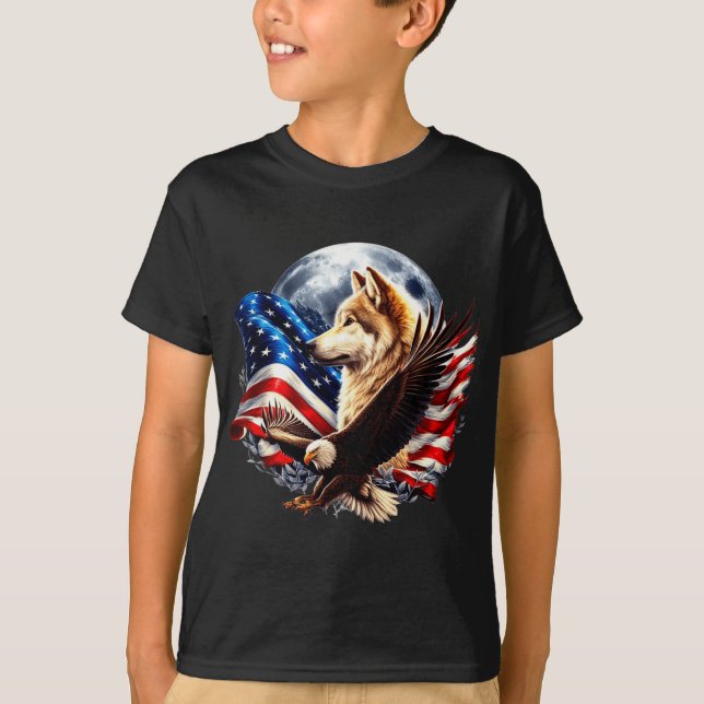 Wolf Bald Eagle American Flag Full Moon New Years  T-Shirt (Front)