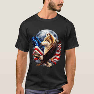 Wolf Bald Eagle American Flag Full Moon New Years  T-Shirt