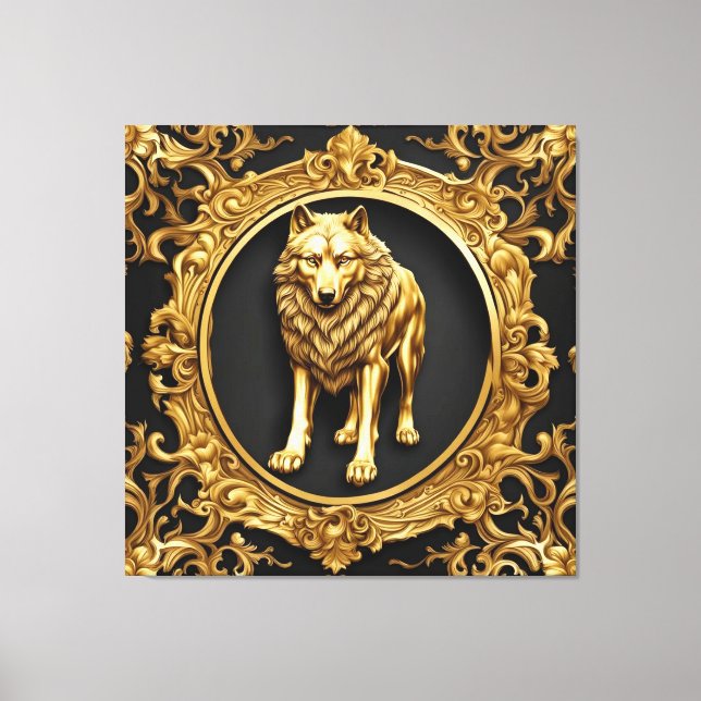 Wolf black and gold ornamental frame canvas print (Front)