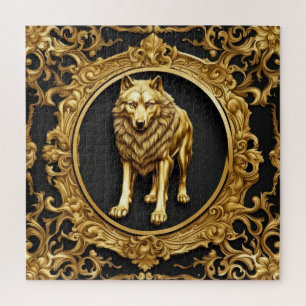 Wolf black and gold ornamental frame jigsaw puzzle