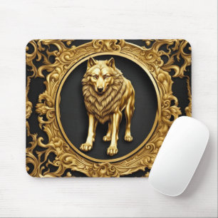 Wolf black and gold ornamental frame mouse pad