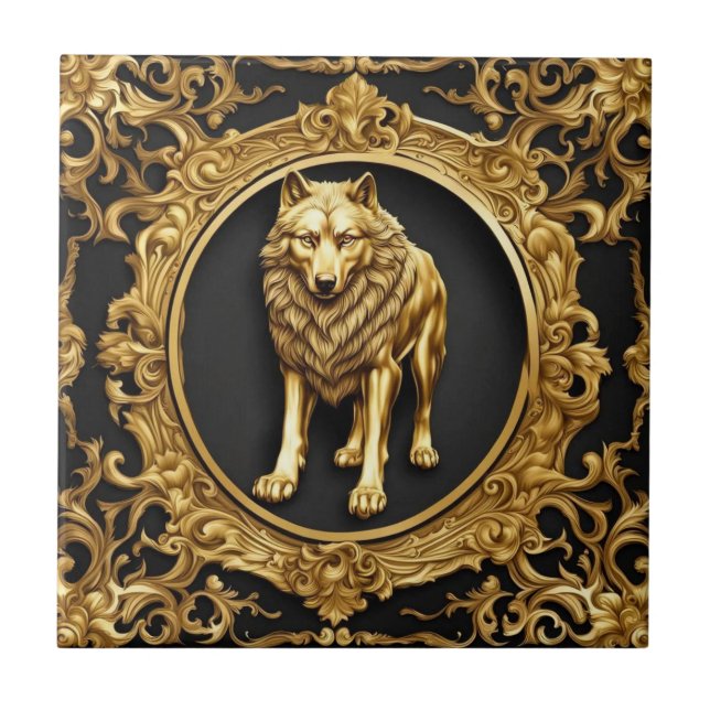 Wolf black and gold ornamental frame tile (Front)
