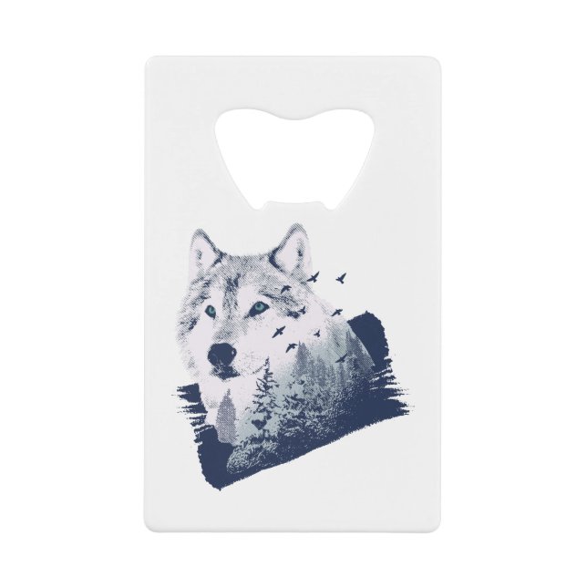 Wolf Blue Forest Grunge Credit Card Bottle Opener (Front)