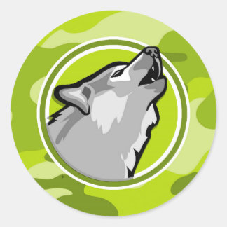 Wolf; bright green camo, camouflage classic round sticker
