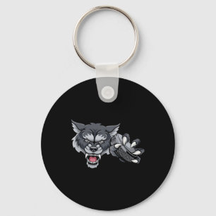 Wolf Cartoon Sports Wolves Team Mascot Holding Hoc Keychain