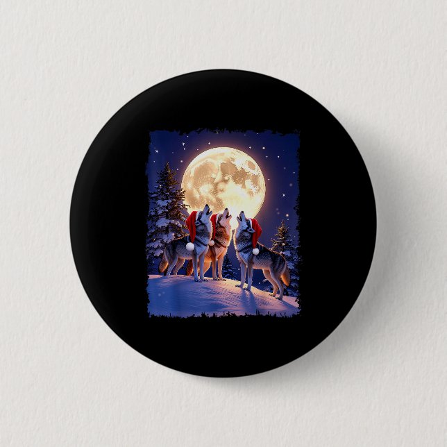 Wolf Christmas Funny 3 Wolf Howling Moon Santa Hat 2 Inch Round Button (Front)