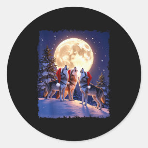 Wolf Christmas Funny 3 Wolf Howling Moon Santa Hat Classic Round Sticker