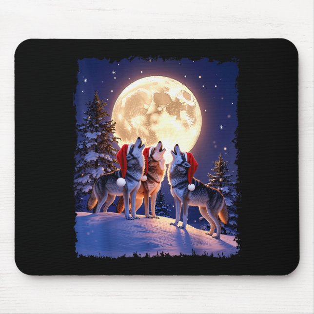 Wolf Christmas Funny 3 Wolf Howling Moon Santa Hat Mouse Pad (Front)