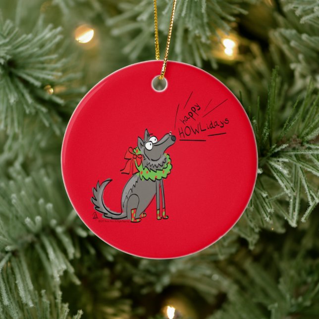 Wolf Christmas Funny Cute Kids Ceramic Ornament (Tree)