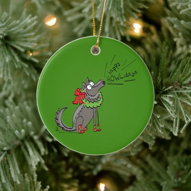 Wolf Christmas Funny Cute Kids Ceramic Ornament (Tree)