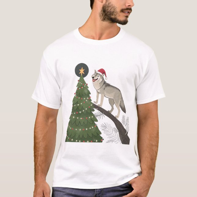 Wolf Christmas Funny Xmas tree Wearing Santa Hat  T-Shirt (Front)