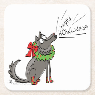 Wolf Christmas Happy Howlidays Funny Square Paper Coaster