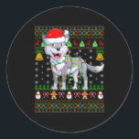 Wolf Christmas Lights Funny Santa Ugly Sweaters Cu Classic Round Sticker<br><div class="desc">Wolf Christmas Lights Funny Santa Ugly Sweaters Cute Xmas</div>