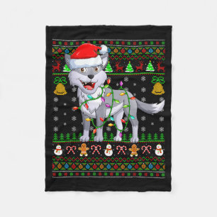 Wolf Christmas Lights Funny Santa Ugly Sweaters Cu Fleece Blanket