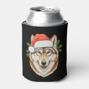 Wolf Christmas Xmas Santa Hat Animal Holiday Can Cooler