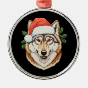 Wolf Christmas Xmas Santa Hat Animal Holiday Metal Ornament