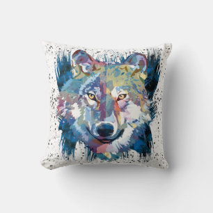 Wolf   Colourful Wolf Drawing   Abstract Painting  Throw Pillow