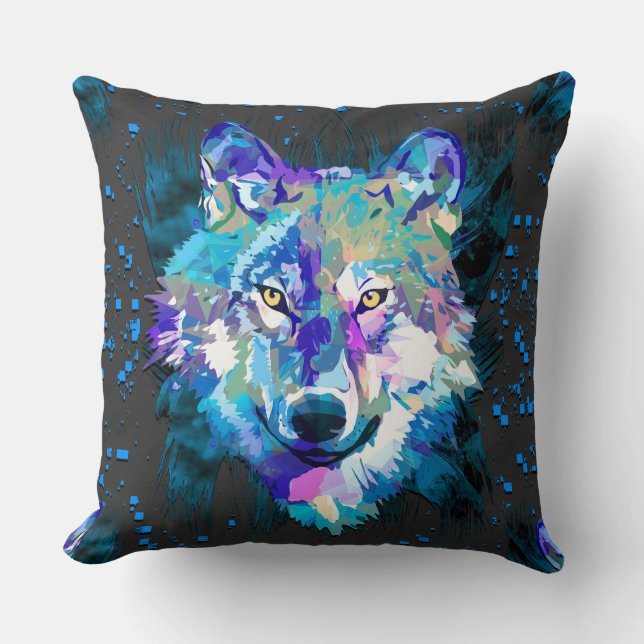 Wolf | Colourful Wolf Drawing | Grey Wolf Throw Pillow (Front)