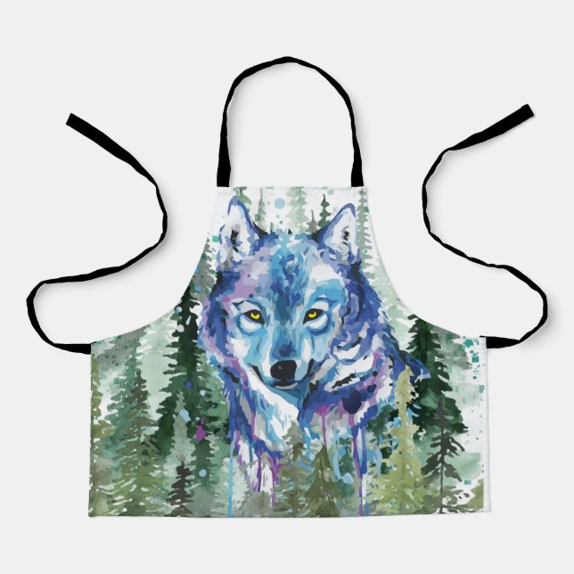 Wolf | Colourful Wolf Drawing | Watercolor Apron (Front)