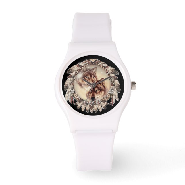 Wolf couple nestled within a dream catcher watch (Front)