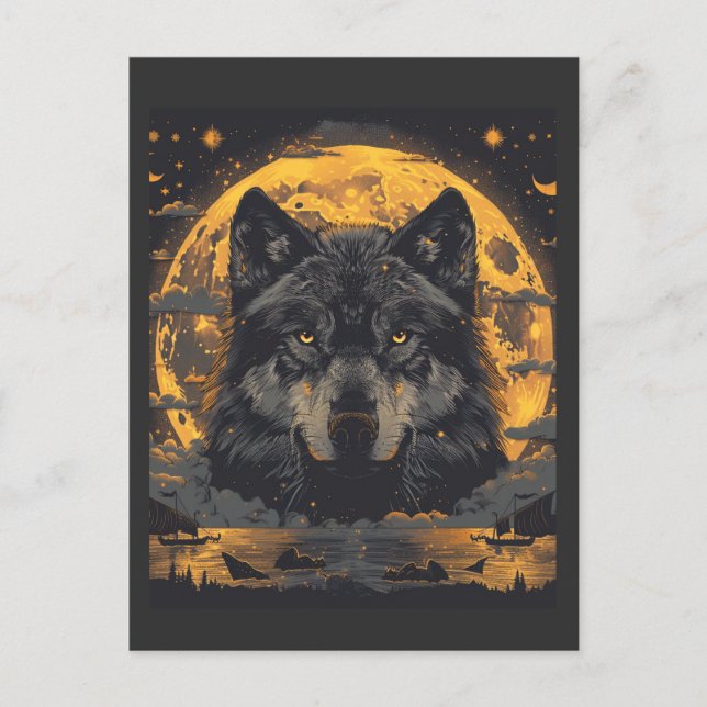 Wolf Design Postcard with Full Moon Stars (Front)