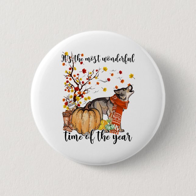 Wolf Dog Fall Pumpkins Autumn Leaf Tree  2 Inch Round Button (Front)